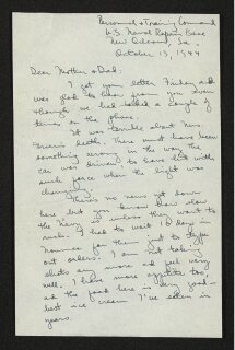 Letter from Hubert Creekmore to Hiram Hubert and Mittie Horton Creekmore (13 October 1944)