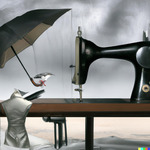 Surrealist the chance meeting on a lab table of an umbrella and a sewing machine v2 by Kris Belden-Adams