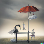 The chance meeting on a lab table of an umbrella and a sewing machine surrealist by Kris Belden-Adams