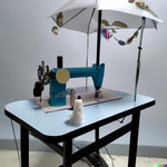 The chance meeting on a lab table of an umbrella and a sewing machine by Kris Belden-Adams