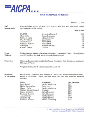 "Inside AICPA, October 23, 1995" By American Institute Of Certified ...