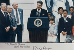 White House Press Launch of Young Astronauts Program with President Ronald Reagan, Hugh Downs, and Jack Anderson, 1984 by Harold Burson, Ronald Reagan, Hugh Downs, and Jack Anderson