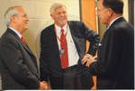 Chancellor Robert Khayat with two unidentified men backstage at Ford Center during the 2008 Presidential Debate at the University of Mississippi by Author Unknown