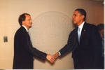 Barack Obama shaking hands with man backstage at Ford Center during the 2008 Presidential Debate at the University of Mississippi, image 002 by Author Unknown