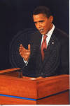 Barack Obama speaking behind a podium on stage at the Ford Center during the 2008 Presidential Debate at the University of Mississippi by Author Unknown