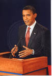 Barack Obama smiling behind a podium on stage at the Ford Center during the 2008 Presidential Debate at the University of Mississippi; 2 copies by Author Unknown