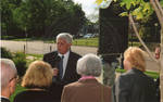 Chancellor Robert Khayat addresses unidentified guests at the dedication of the 2008 Presidential debate plaque at the University of Mississippi, image 003 by Author Unknown