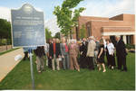 Chancellor Robert Khayat and unidentified guests at dedication of the 2008 Presidential debate plaque in front of the Ford Center at the University of Mississippi, image 003 by Author Unknown