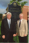 Chancellor Robert Khayat and Dr. Andrew Mullins at dedication of the 2008 Presidential debate plaque in front of the Ford Center at the University of Mississippi, image 001 by Author Unknown