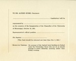 Reply card for delegates attending the Inauguration of University of Mississippi Chancellor A. B. Butts by University of Mississippi. Chancellor