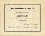Certificate of Appreciation from the Beta Rho Chapter of Kappa Psi fraternity to John Leslie. by Author Unknown