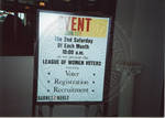 Event sign for League of Women Voters meetings by Author Unknown